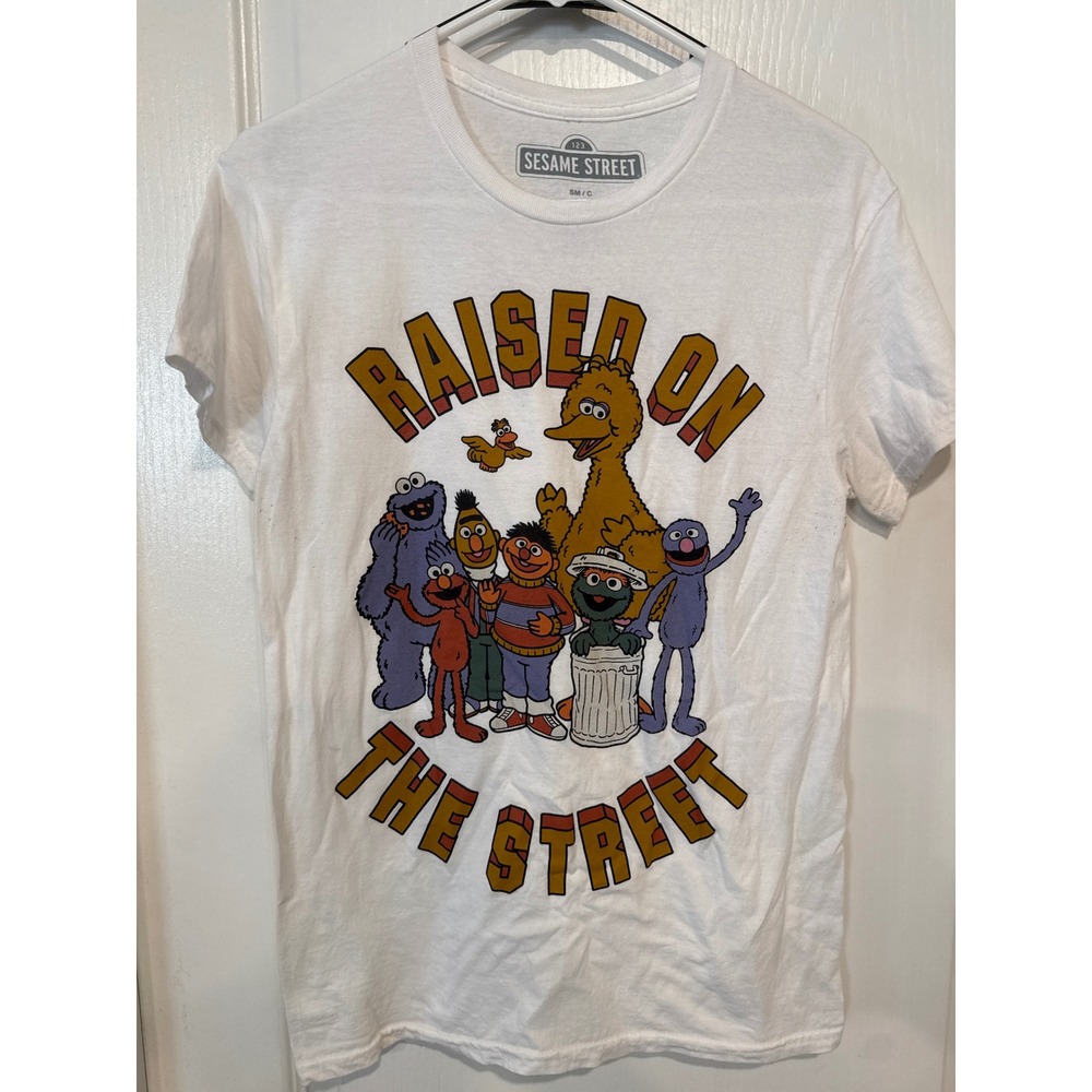 Sesame Street Raised On The Street Graphic T-Shirt White Small Big Bird Elmo SM